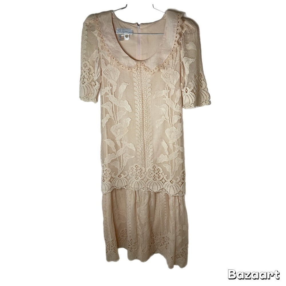 VTG St. Simon x Saks Full Lace Peach/Pink Drop Waist 1920s Revival Dress​